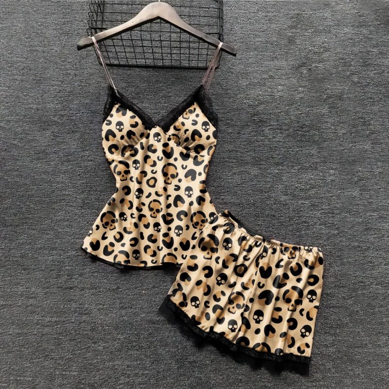 Luxurious Skull Leopard Print Lace Pajama Set - ZEECHIC